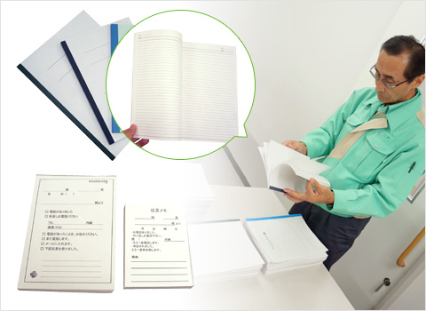再生紙はコピー用紙や従業員の名刺に活用。工場の運行記録表から派生し、クレハグループの業務用ノートに展開。